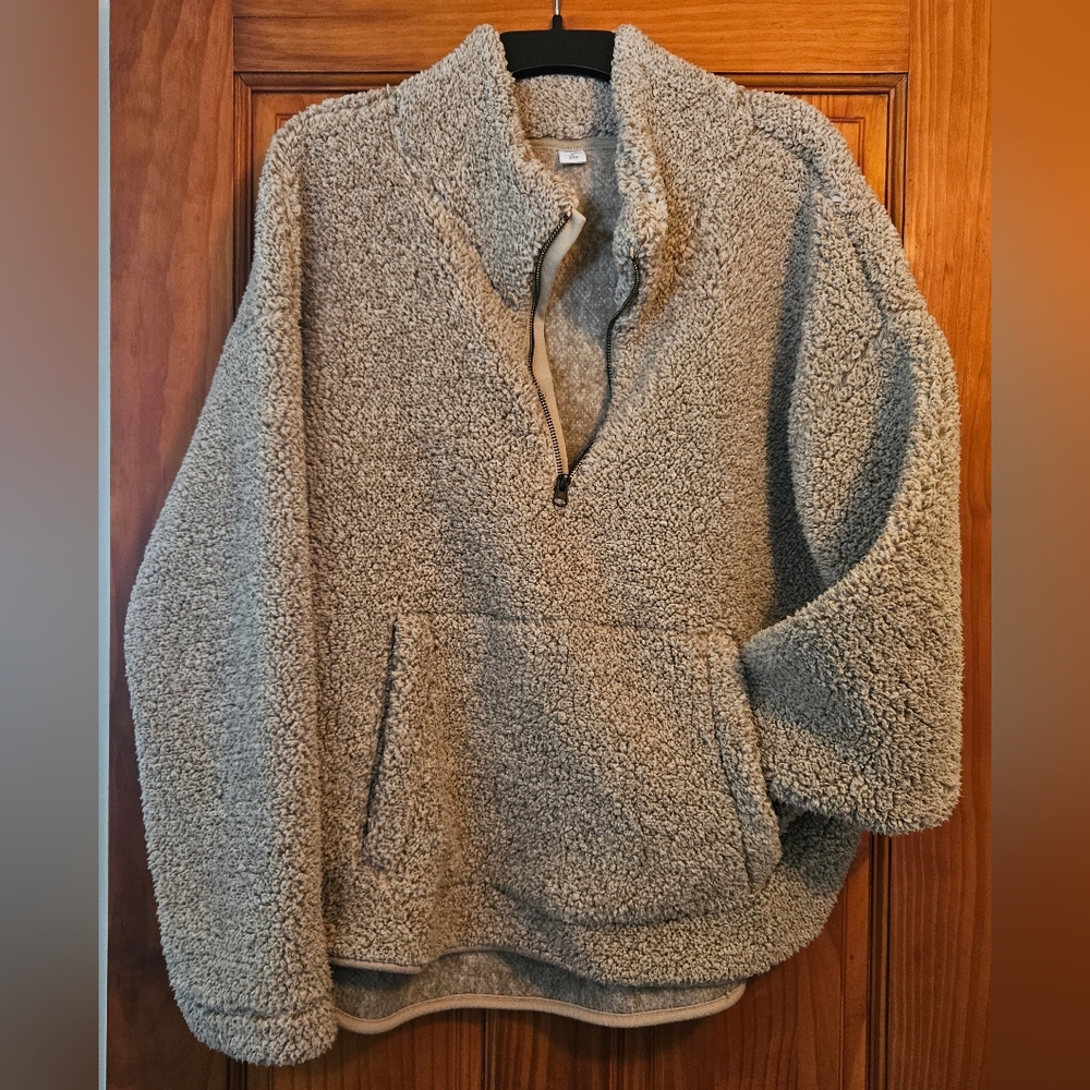 Old Navy Loose Sherpa Furry Quarter-Zip Pullover Sweater XL CREAM TAN Hi Low